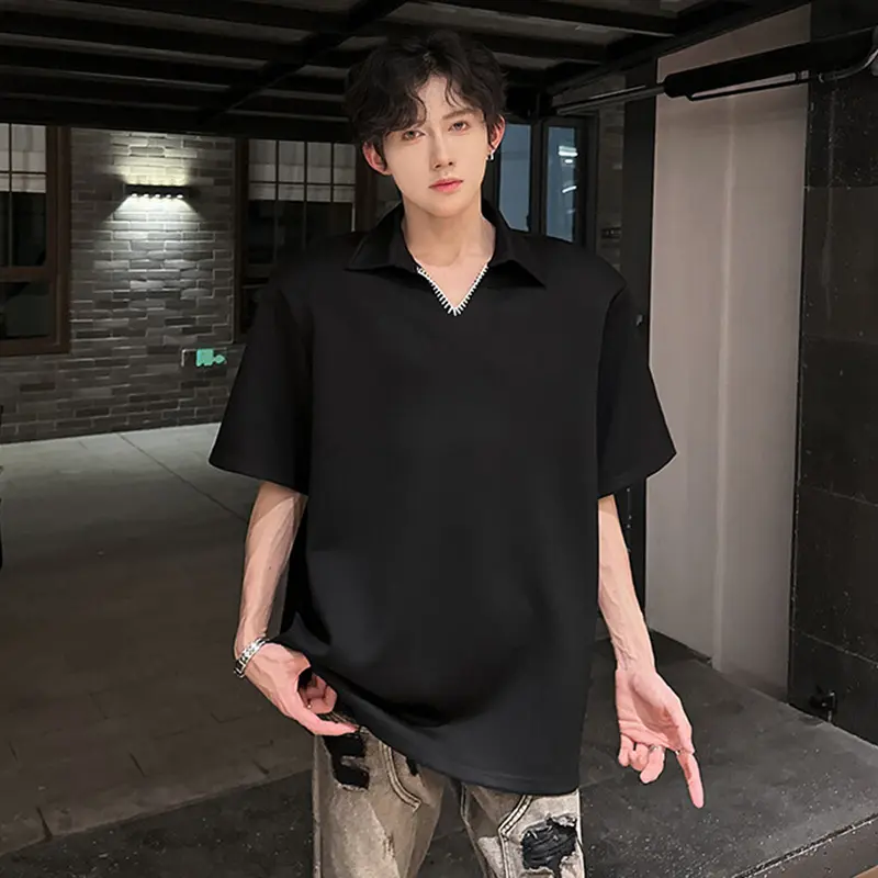 IEFB Stitched Men's Tees Shoulder Pad Design Summer Short Sleeve Turn-down Collar Solid Color Korean Style Male T-shirts 9W3328