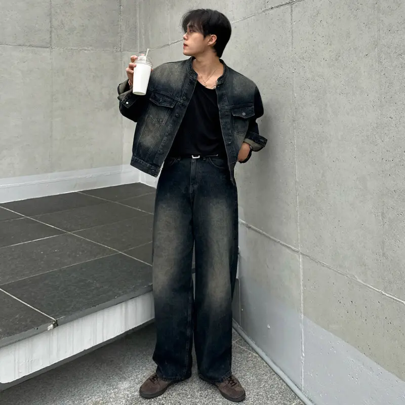 IEFB Korean Style Men's Two-piece Solid Color Stand Collar Single Breasted Denim Jackets Washed Wide Leg Loose Jeans Tide 9W3913