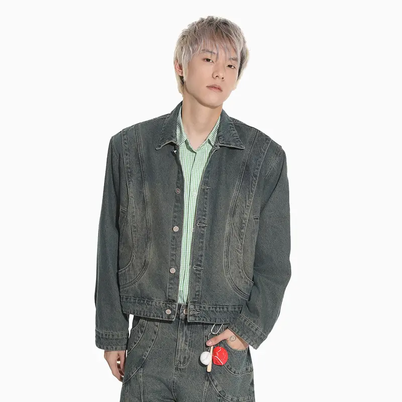 IEFB High Street Men's Denim Two-piece Lapel Shoulder Padded Solid Color Short Jackets Wide Leg Patchwork Male Jeans Chic 9W4300