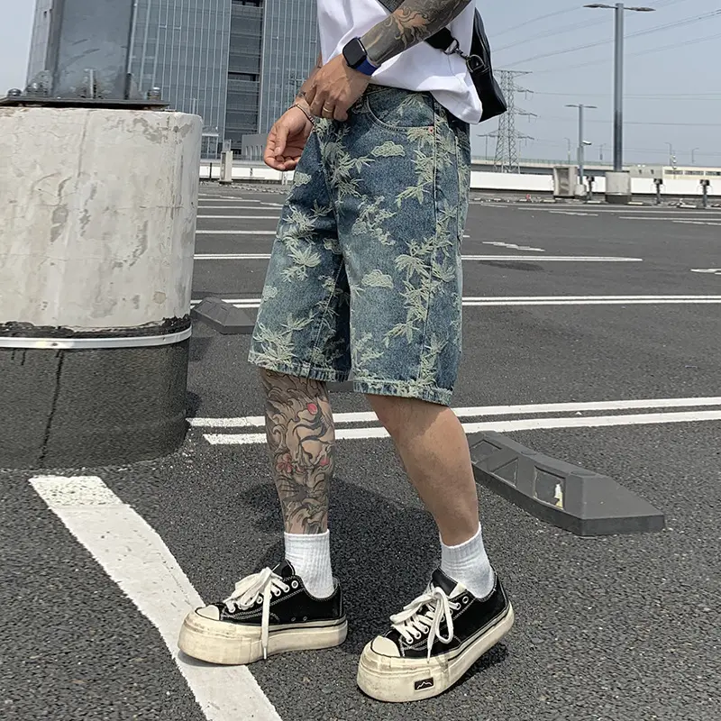 IEFB Jacquard Denim Shorts Chinese Style Straight Five-Point Pants Trendy Mid-Length Jeans New Fashion Tide Summer 9W3274