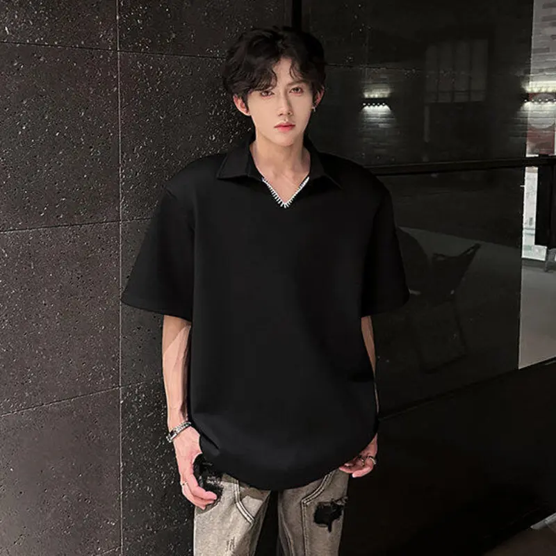 IEFB Stitched Men's Tees Shoulder Pad Design Summer Short Sleeve Turn-down Collar Solid Color Korean Style Male T-shirts 9W3328