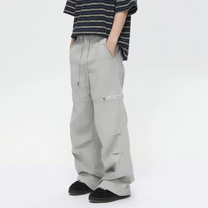 IEFB High Street Men's Casual Pants Pleated Design Solid Color Zipper Patchwork Drawstring Straight Leg Male Trousers New 9W3389