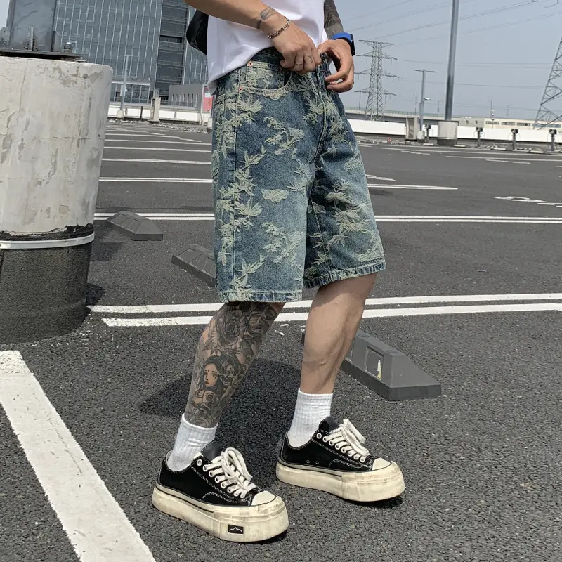 IEFB Jacquard Denim Shorts Chinese Style Straight Five-Point Pants Trendy Mid-Length Jeans New Fashion Tide Summer 9W3274