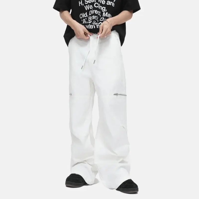 IEFB High Street Men's Casual Pants Pleated Design Solid Color Zipper Patchwork Drawstring Straight Leg Male Trousers New 9W3389