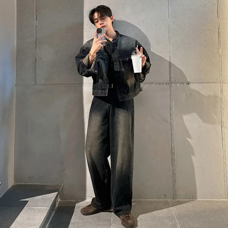 IEFB Korean Style Men's Two-piece Solid Color Stand Collar Single Breasted Denim Jackets Washed Wide Leg Loose Jeans Tide 9W3913