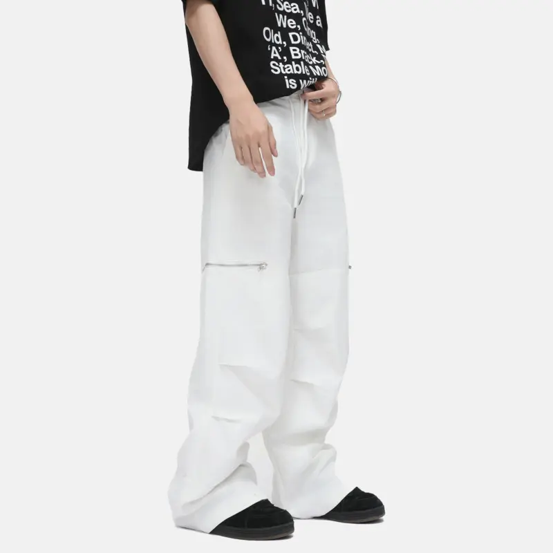 IEFB High Street Men's Casual Pants Pleated Design Solid Color Zipper Patchwork Drawstring Straight Leg Male Trousers New 9W3389