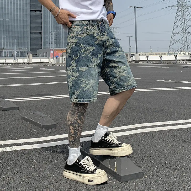 IEFB Jacquard Denim Shorts Chinese Style Straight Five-Point Pants Trendy Mid-Length Jeans New Fashion Tide Summer 9W3274