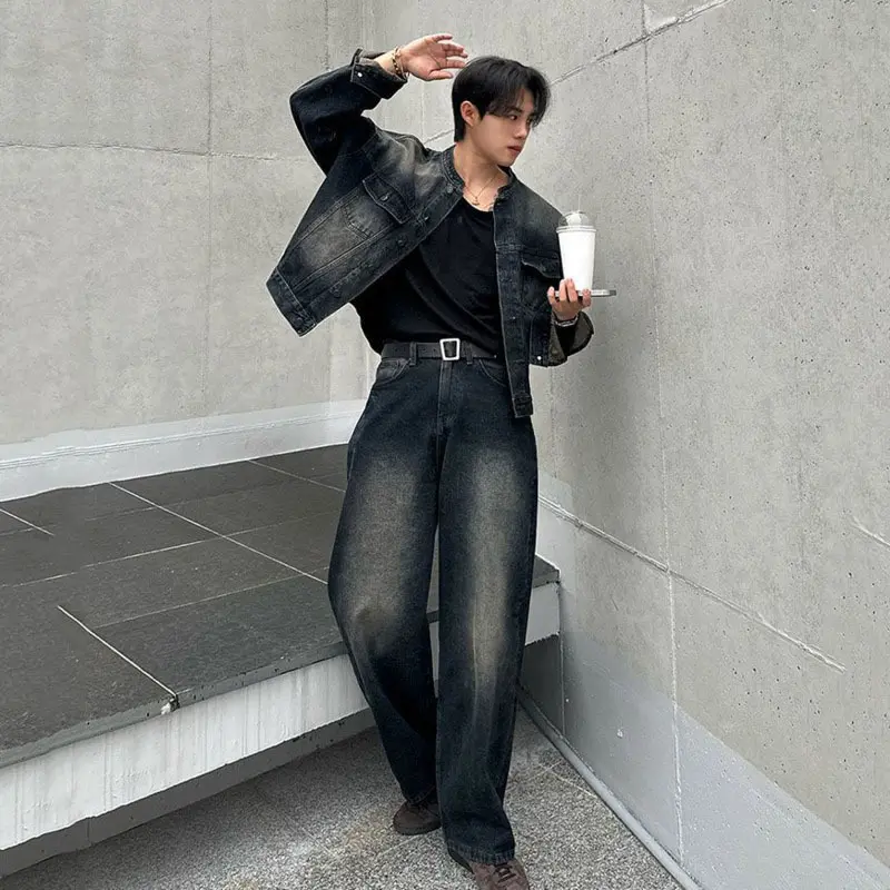IEFB Korean Style Men's Two-piece Solid Color Stand Collar Single Breasted Denim Jackets Washed Wide Leg Loose Jeans Tide 9W3913