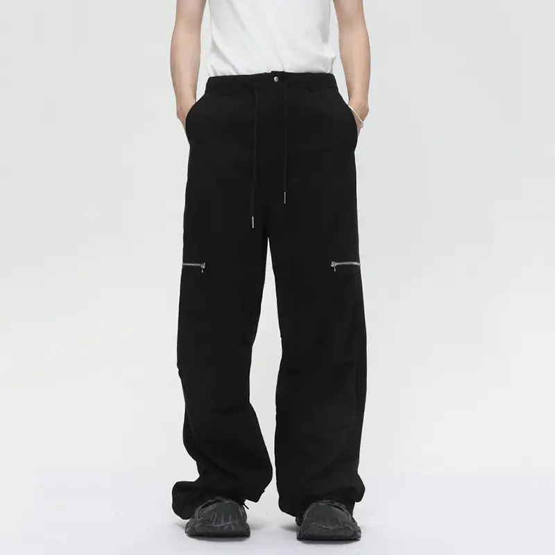IEFB High Street Men's Casual Pants Pleated Design Solid Color Zipper Patchwork Drawstring Straight Leg Male Trousers New 9W3389