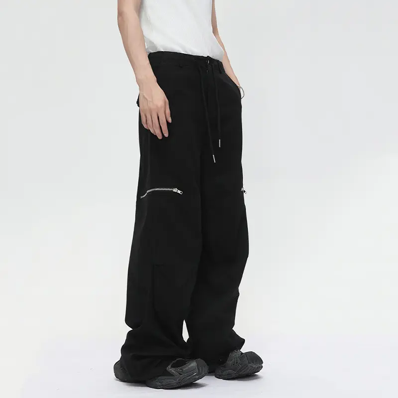 IEFB High Street Men's Casual Pants Pleated Design Solid Color Zipper Patchwork Drawstring Straight Leg Male Trousers New 9W3389