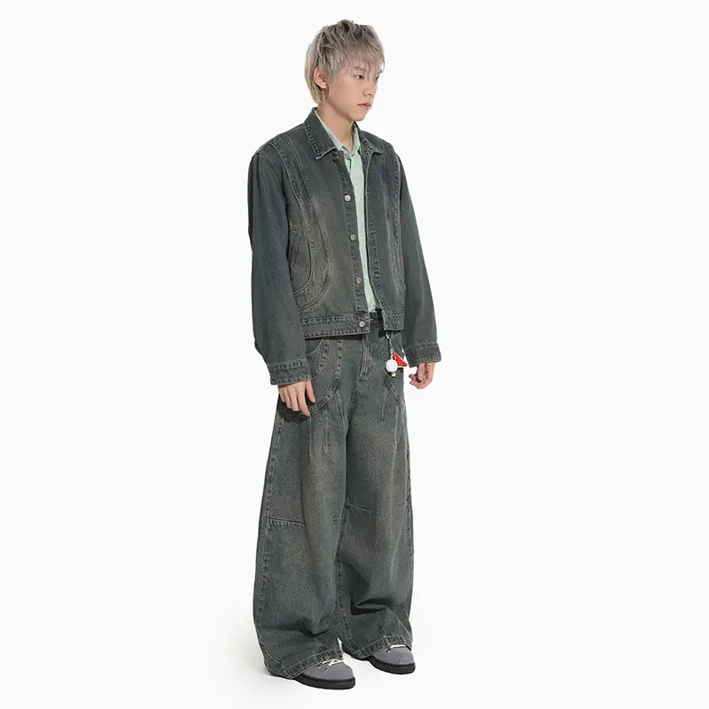 IEFB High Street Men's Denim Two-piece Lapel Shoulder Padded Solid Color Short Jackets Wide Leg Patchwork Male Jeans Chic 9W4300