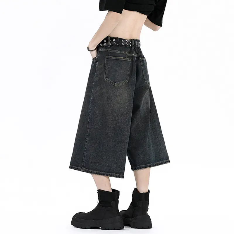 IEFB American Style Wide Leg Men's Jorts New Trendy Fashion Loose Washed Straight Male Jeans Over Knee Length Casual 9W3762