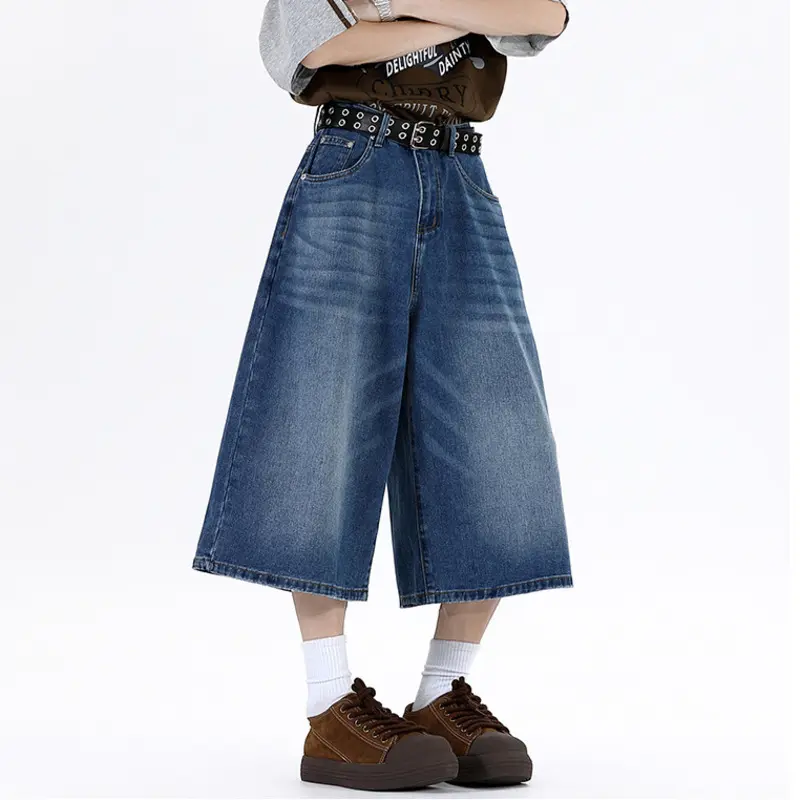IEFB American Style Wide Leg Men's Jorts New Trendy Fashion Loose Washed Straight Male Jeans Over Knee Length Casual 9W3762