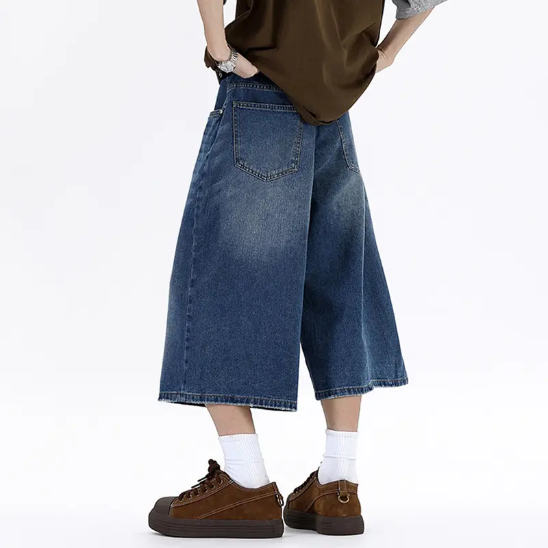 IEFB American Style Wide Leg Men's Jorts New Trendy Fashion Loose Washed Straight Male Jeans Over Knee Length Casual 9W3762