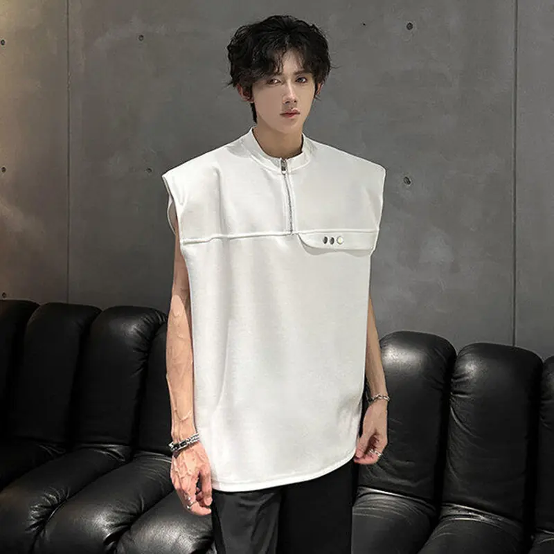 IEFB American Style Men's Tank Tops Round Neck Solid Color Shoulder Pad Metal Half Zipper Design Casual Sleeveless Vests 9W3348