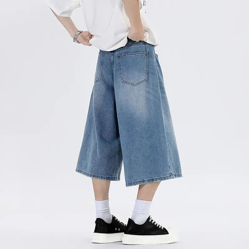 IEFB American Style Wide Leg Men's Jorts New Trendy Fashion Loose Washed Straight Male Jeans Over Knee Length Casual 9W3762
