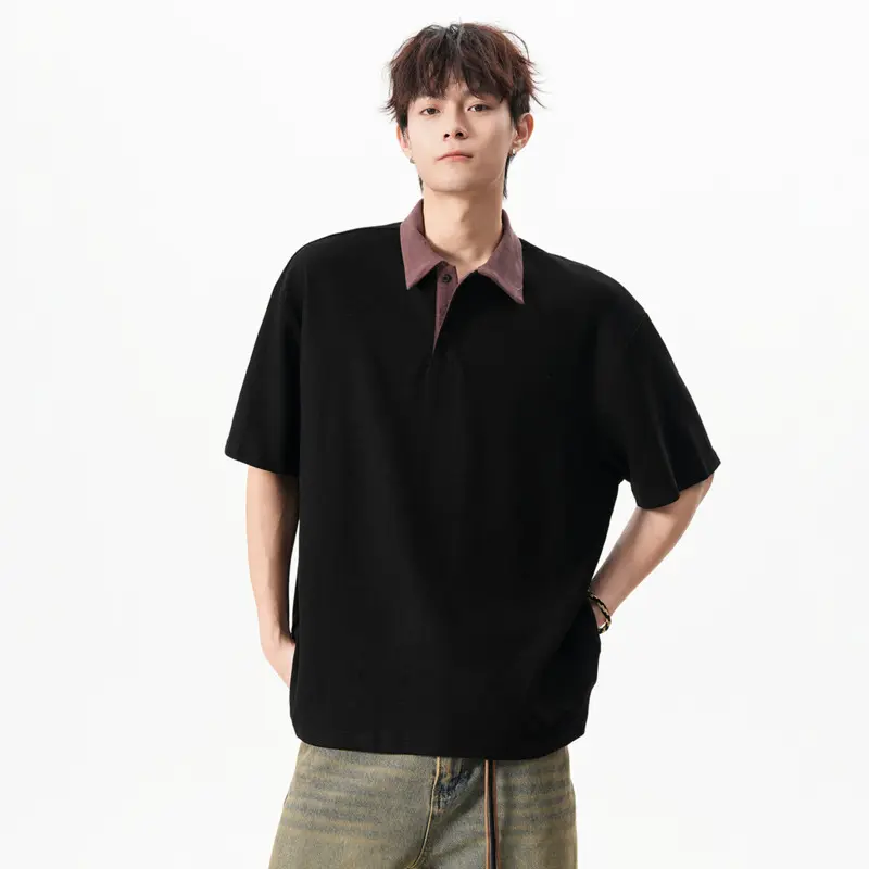 IEFB Korean Style Men's Tees Turn-down Collar Contrast Color Button Design Casual Tops Short Sleeved Loose Male T-shirts 9W3527