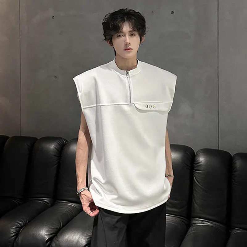 IEFB American Style Men's Tank Tops Round Neck Solid Color Shoulder Pad Metal Half Zipper Design Casual Sleeveless Vests 9W3348