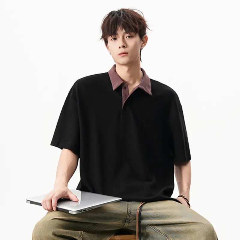 IEFB Korean Style Men's Tees Turn-down Collar Contrast Color Button Design Casual Tops Short Sleeved Loose Male T-shirts 9W3527