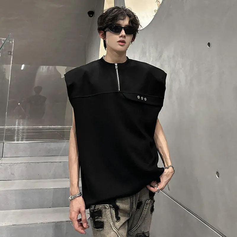 IEFB American Style Men's Tank Tops Round Neck Solid Color Shoulder Pad Metal Half Zipper Design Casual Sleeveless Vests 9W3348
