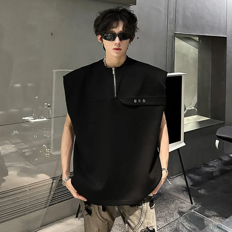 IEFB American Style Men's Tank Tops Round Neck Solid Color Shoulder Pad Metal Half Zipper Design Casual Sleeveless Vests 9W3348