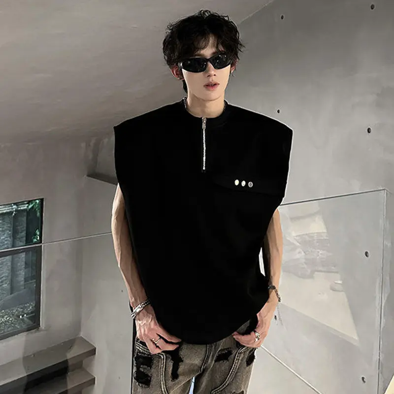 IEFB American Style Men's Tank Tops Round Neck Solid Color Shoulder Pad Metal Half Zipper Design Casual Sleeveless Vests 9W3348