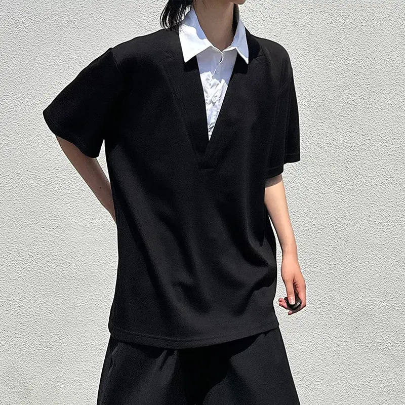 IEFB Niche Design Men's T-shirts Turn-down Collar Contrast Color Button Design Short Sleeve Loose Male Pullover Tees New 9W2957