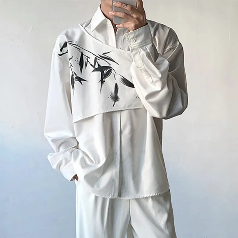 IEFB New Niche Men's Shirts Bamboo Printing Metal Buckle Contrast Color Long Sleeved Single Breasted Lapel Male Shirt 9W3625