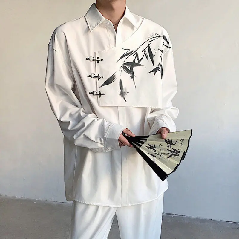 IEFB New Niche Men's Shirts Bamboo Printing Metal Buckle Contrast Color Long Sleeved Single Breasted Lapel Male Shirt 9W3625