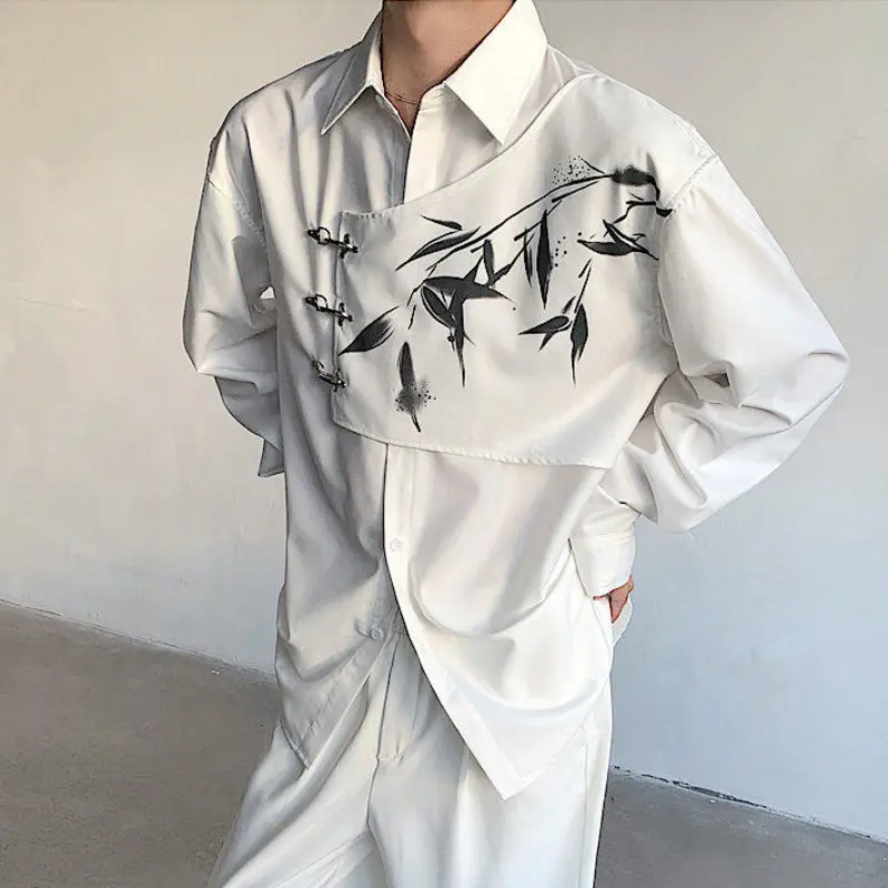 IEFB New Niche Men's Shirts Bamboo Printing Metal Buckle Contrast Color Long Sleeved Single Breasted Lapel Male Shirt 9W3625