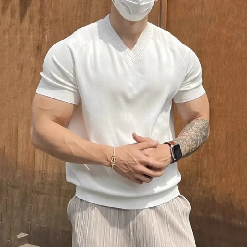 IEFB Knitting Men's T-shirts V-neck Solid Color Slim Menswear Short Sleeved 2025 Summer Simple Pullover Male Tees Korean 9W2830