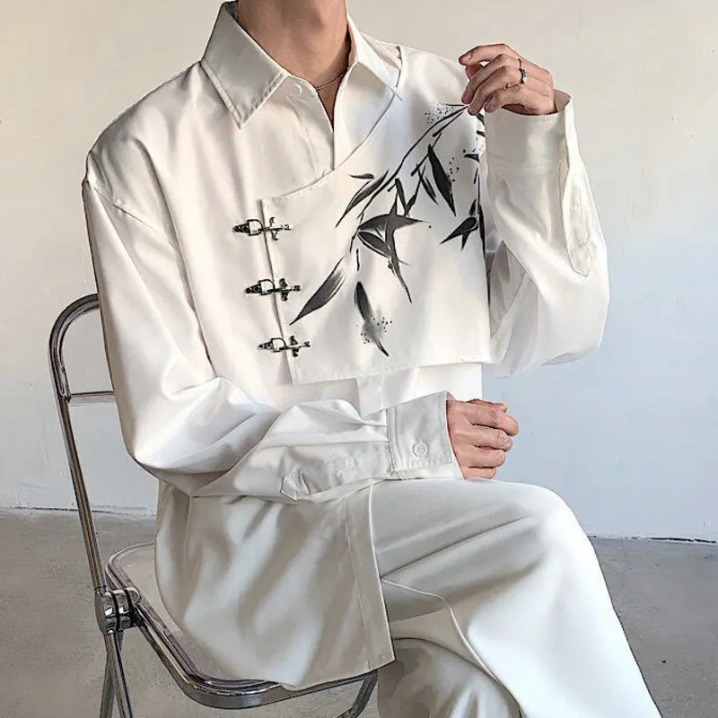 IEFB New Niche Men's Shirts Bamboo Printing Metal Buckle Contrast Color Long Sleeved Single Breasted Lapel Male Shirt 9W3625