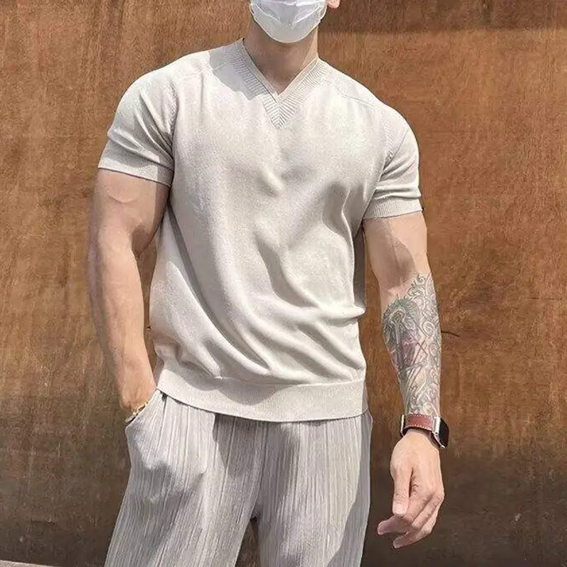 IEFB Knitting Men's T-shirts V-neck Solid Color Slim Menswear Short Sleeved 2025 Summer Simple Pullover Male Tees Korean 9W2830