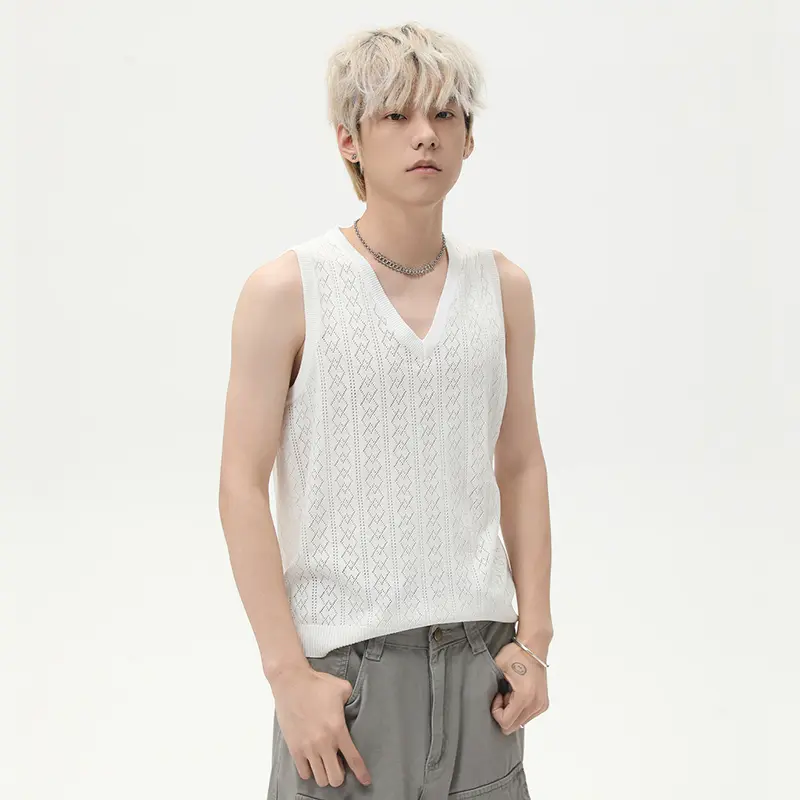 IEFB Jacquard Men's Vests Knitting Solid Color V-neck Summer Sleeveless Loose Male T-shirt Korean Style Pullover Menswear 9W3019