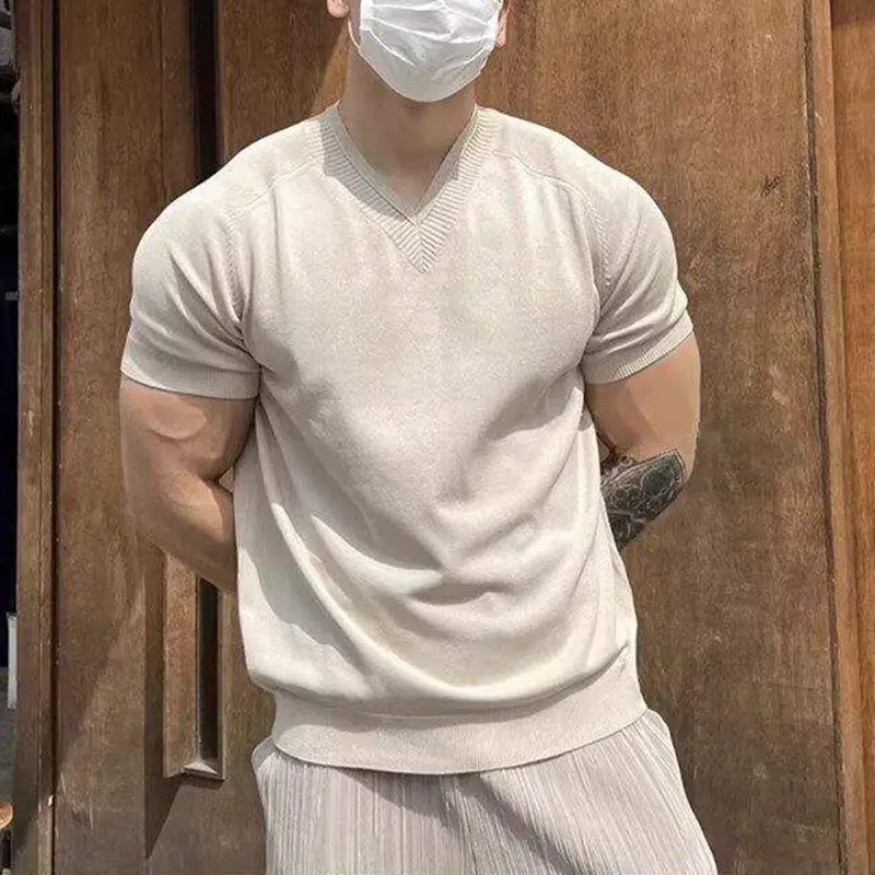 IEFB Knitting Men's T-shirts V-neck Solid Color Slim Menswear Short Sleeved 2025 Summer Simple Pullover Male Tees Korean 9W2830