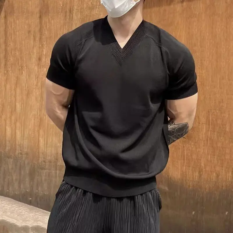 IEFB Knitting Men's T-shirts V-neck Solid Color Slim Menswear Short Sleeved 2025 Summer Simple Pullover Male Tees Korean 9W2830