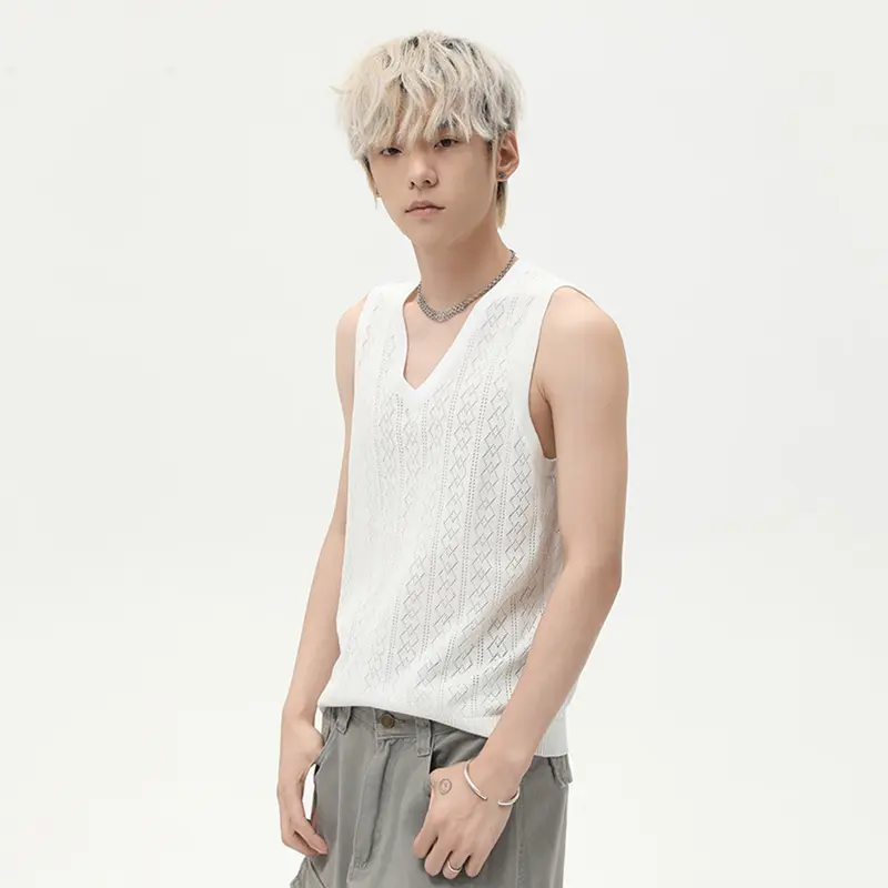 IEFB Jacquard Men's Vests Knitting Solid Color V-neck Summer Sleeveless Loose Male T-shirt Korean Style Pullover Menswear 9W3019
