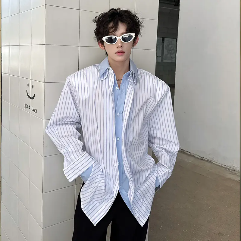 IEFB Striped Design Men's Shirts Fake Two-piece Contrast Color Patchwork Long Sleeved Loose Male Single Breasted Shirt 9W3604