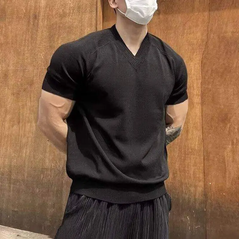 IEFB Knitting Men's T-shirts V-neck Solid Color Slim Menswear Short Sleeved 2025 Summer Simple Pullover Male Tees Korean 9W2830