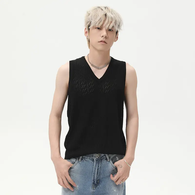 IEFB Jacquard Men's Vests Knitting Solid Color V-neck Summer Sleeveless Loose Male T-shirt Korean Style Pullover Menswear 9W3019