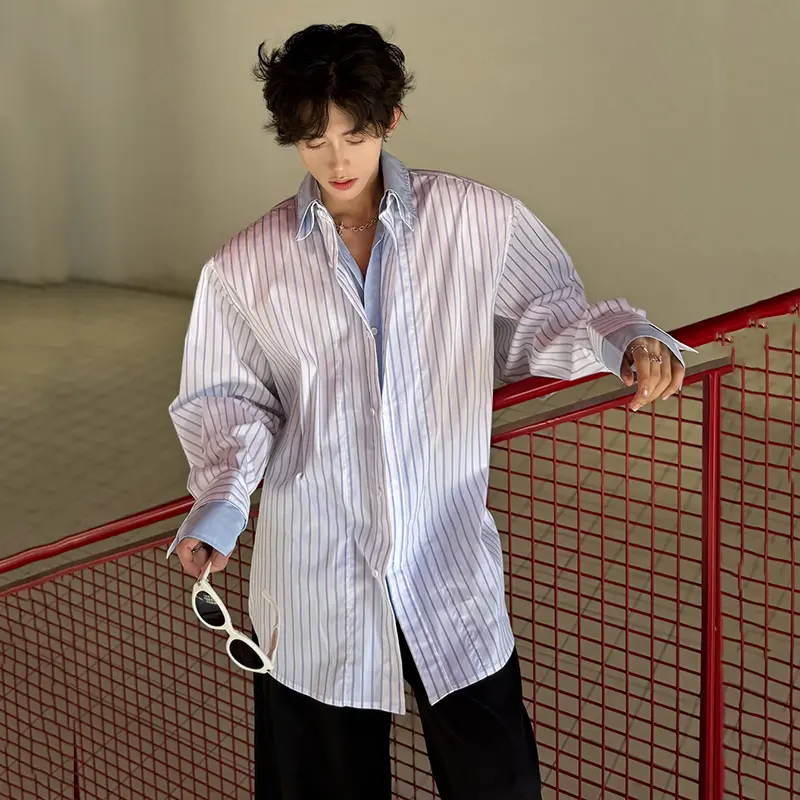 IEFB Striped Design Men's Shirts Fake Two-piece Contrast Color Patchwork Long Sleeved Loose Male Single Breasted Shirt 9W3604