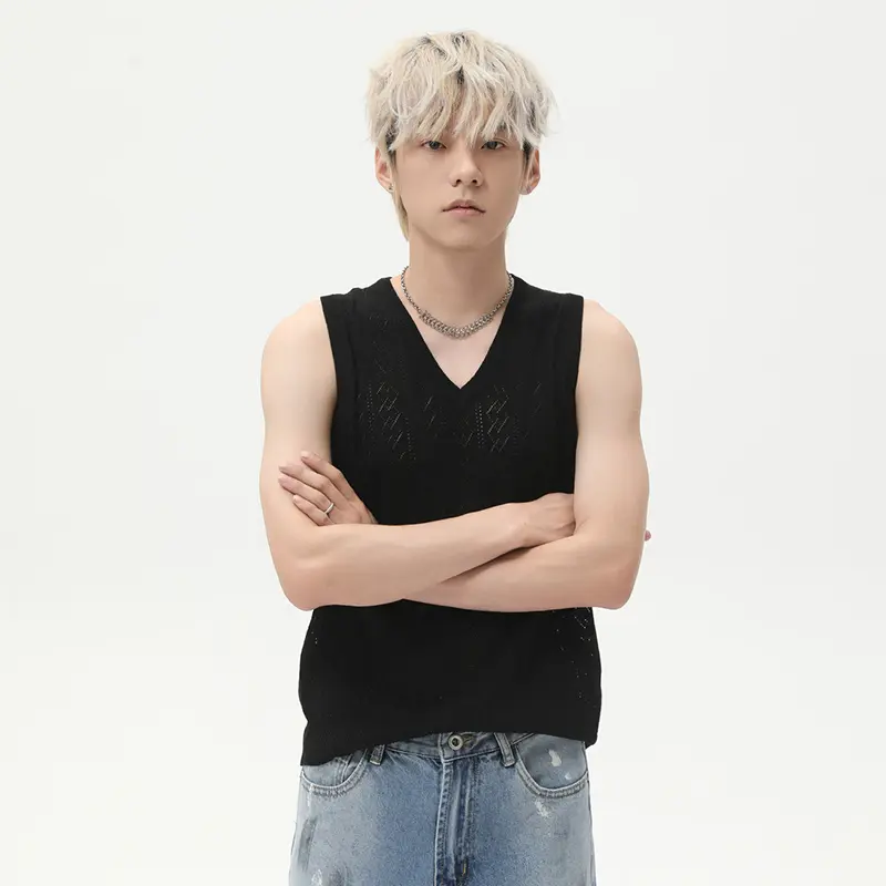 IEFB Jacquard Men's Vests Knitting Solid Color V-neck Summer Sleeveless Loose Male T-shirt Korean Style Pullover Menswear 9W3019