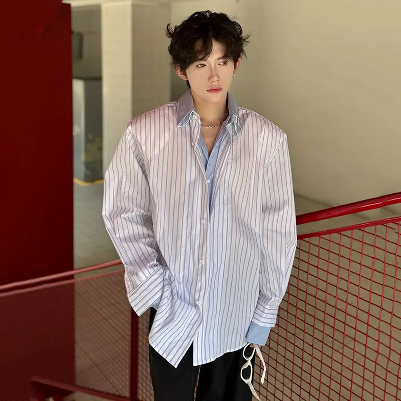 IEFB Striped Design Men's Shirts Fake Two-piece Contrast Color Patchwork Long Sleeved Loose Male Single Breasted Shirt 9W3604