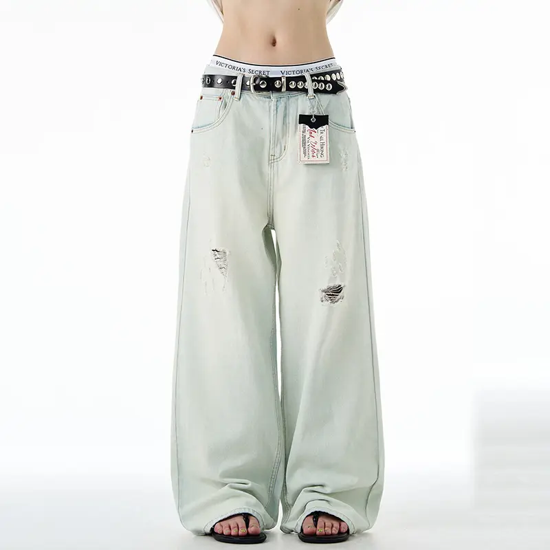 IEFB American Style Summer Thin Washed Hole Jeans Men Cleanfit Loose Straight Leg Denim Trousers Trendy Male Baggy Pants 9W3767