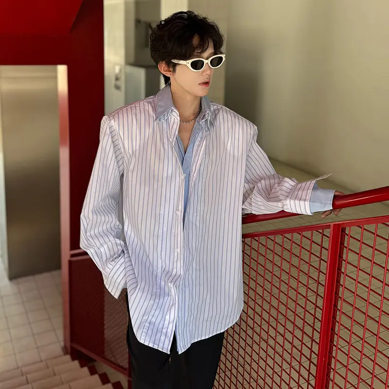 IEFB Striped Design Men's Shirts Fake Two-piece Contrast Color Patchwork Long Sleeved Loose Male Single Breasted Shirt 9W3604