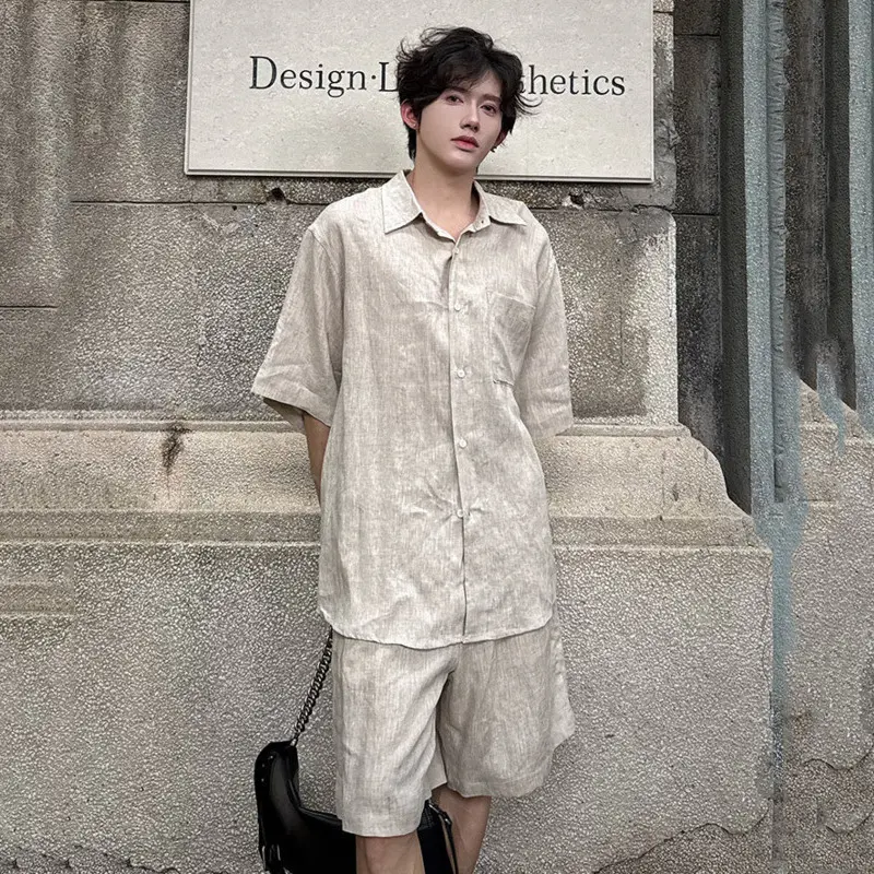 IEFB Korean Style Sets Turn-down Collar Short Sleeved Single Breasted Male Shirt Solid Color Straight Loose Shorts Simple 9W3870