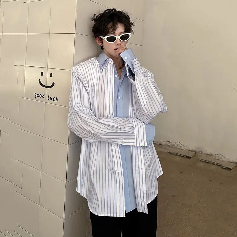 IEFB Striped Design Men's Shirts Fake Two-piece Contrast Color Patchwork Long Sleeved Loose Male Single Breasted Shirt 9W3604