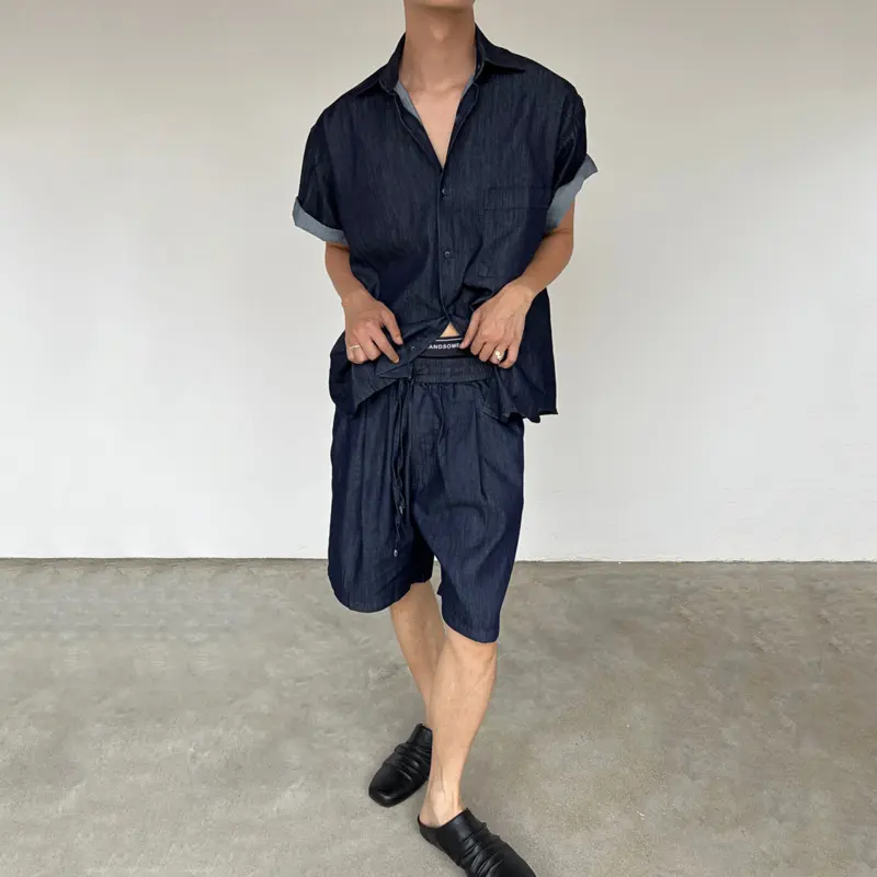 IEFB Korean Style Men's Two-piece Denim Lapel Pocket Single Breasted Short Sleeve Shirt Elastic Waist Wide Leg Male Jeans 9W3748