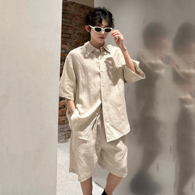 IEFB Korean Style Sets Turn-down Collar Short Sleeved Single Breasted Male Shirt Solid Color Straight Loose Shorts Simple 9W3870