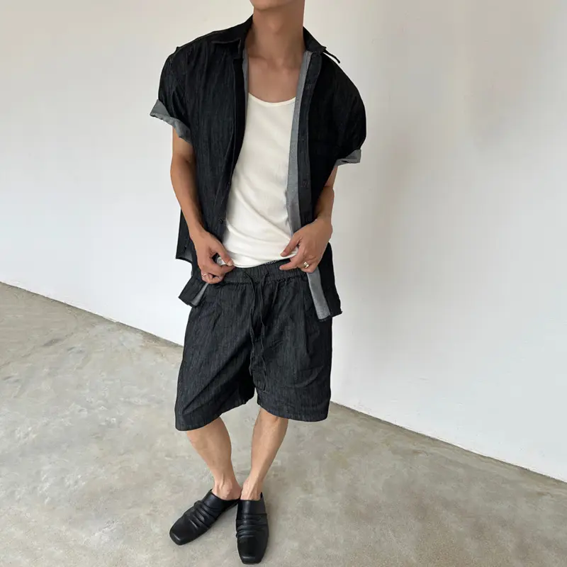 IEFB Korean Style Men's Two-piece Denim Lapel Pocket Single Breasted Short Sleeve Shirt Elastic Waist Wide Leg Male Jeans 9W3748